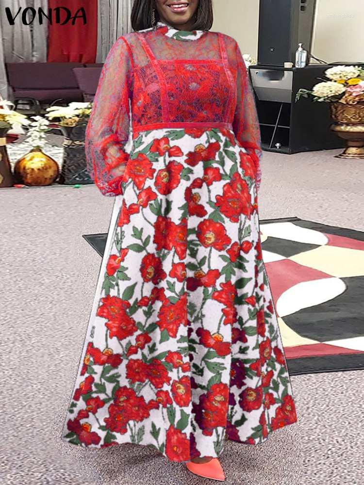 

Casual Dresses Bohemian Dress 2023 VONDA Women Autumn Long Sleeve Lace Parchwork Maxi Floral Print Vestido Oversized Robe, White