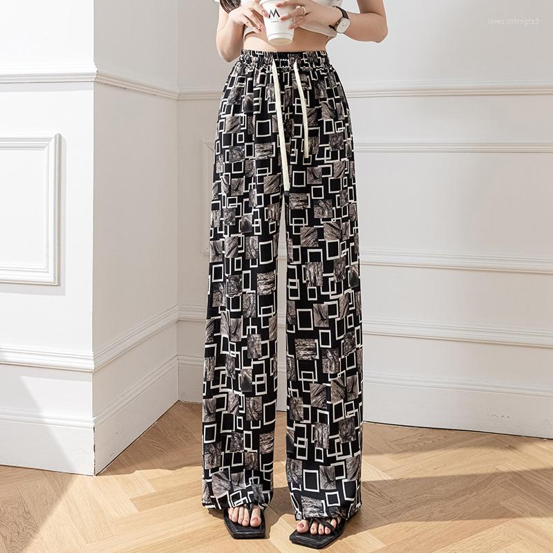 

Women's Pants Printed Wide Leg Female Summer Fashion Chic High Street Drape Waist Loose Ice Silk Chiffon Straight Casual, Image color