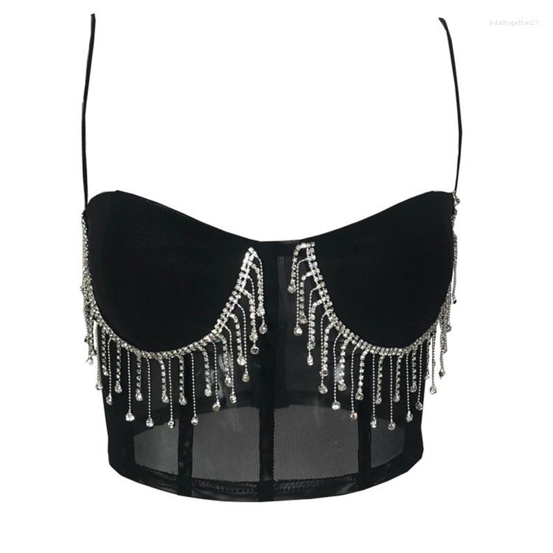 

Women' Tanks Crystal Tassels Mesh Bralette Crop Tops Women Push Up Croptop 2023 Night Out Club Party Sexy Beach Wear Chic Ladies Summer, Black