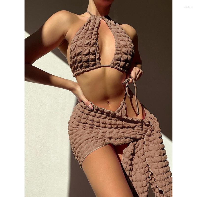 

Women' Swimwear Bikini Set Banded Bubble Cloth Three Piece Women, Brown
