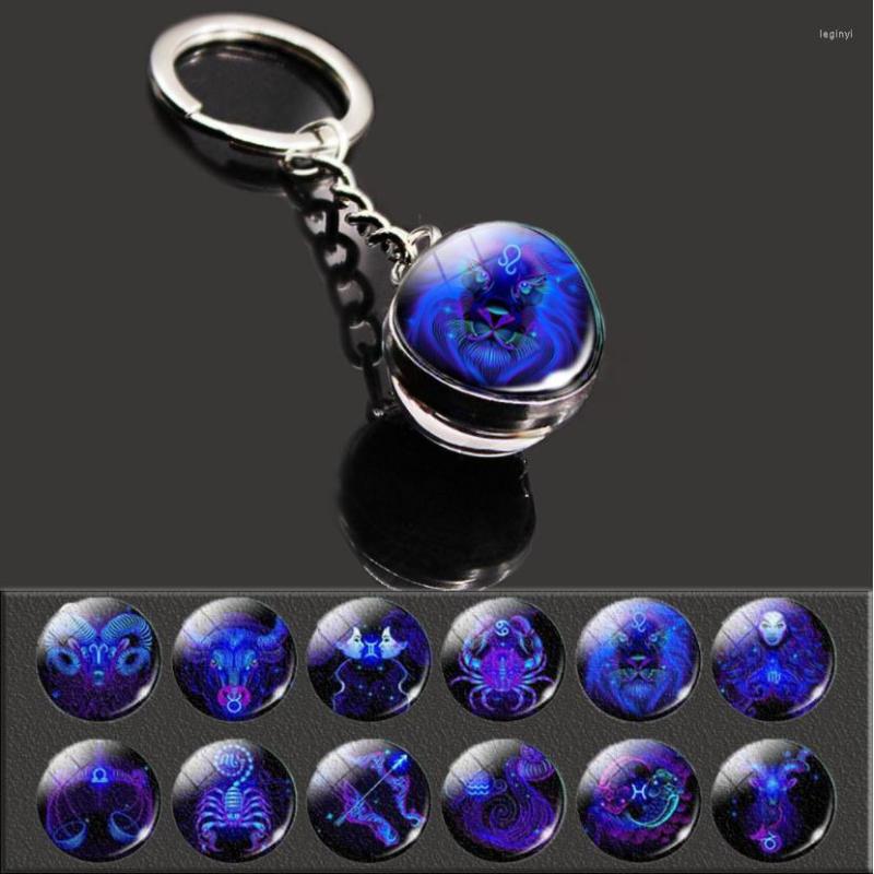 

Party Favor 12 Constellation Time Gem Key Pendant Double-sided Glass Ball Metal Charm Wedding Keyring Chain Buckle Gift