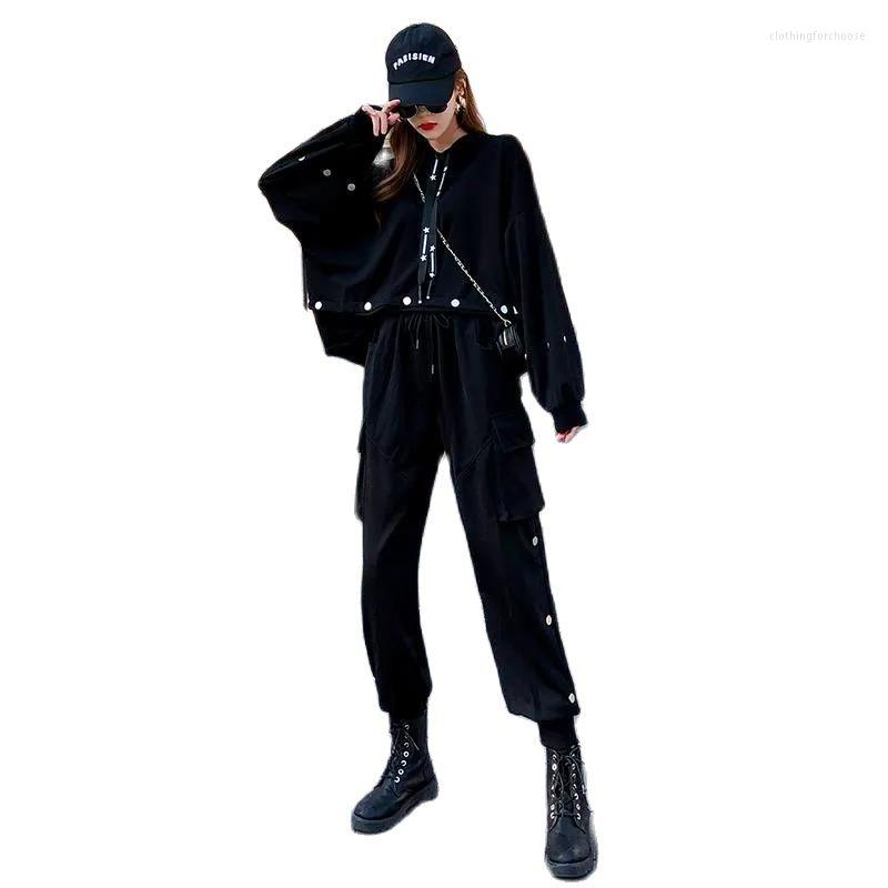 

Women' Two Piece Pants Fashion Tooling Suit Korean Women' Clothing 2023 Loose Tracksuit Women Cool Girl Wear Handsome Set, Black top