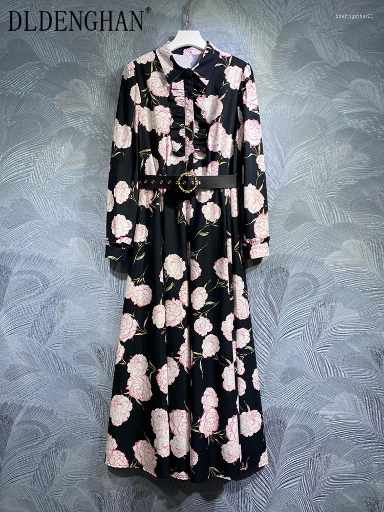 

Casual Dresses DLDENGHAN Spring Summer Cotton Dress Women Lantern Sleeve Ruffle Belt Flowers Print Single Breasted Elegant Party, Multi