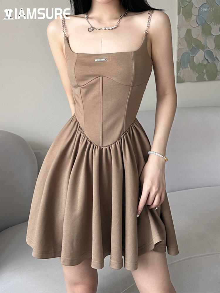 

Casual Dresses IAMSURE Korean Style Slim Solid A-Line Camis Dress Basic Slash Neck Corset-Liked Sleeveless Mini For Women 2023 Summer, Khaki