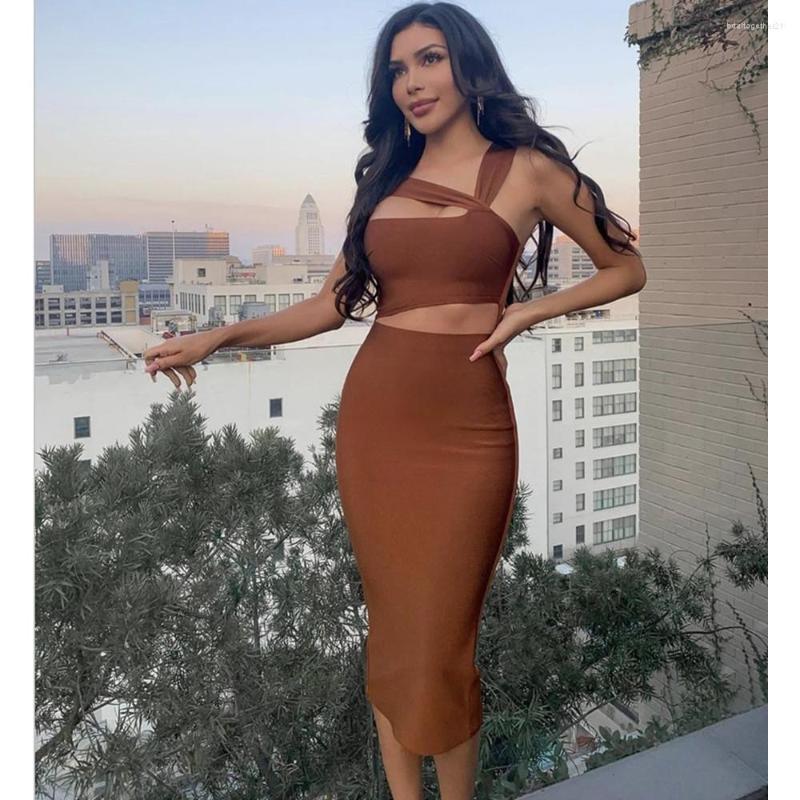 

Casual Dresses Women Summer Sexy Hollow Out Brown Midi Knee Length Bodycon Bandage Dress 2023 Designer Elegant Evening Party Vestido, Black