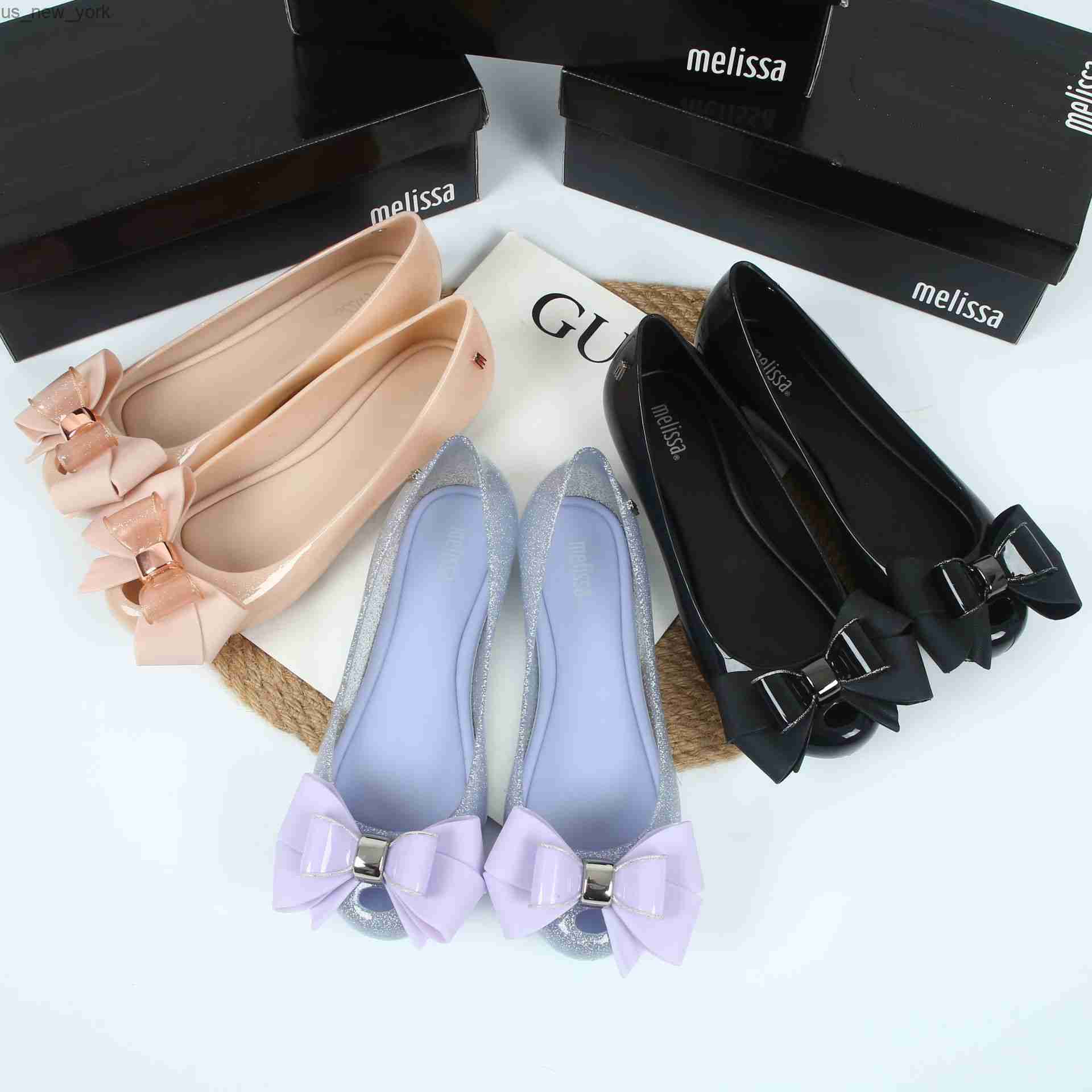 

2023 Spring Melissa Ladies Jelly Shoes Office Women's Flat Shoes Sweet Pointed Toe Square Button Bow Single Shoes Female S L230518, As picture