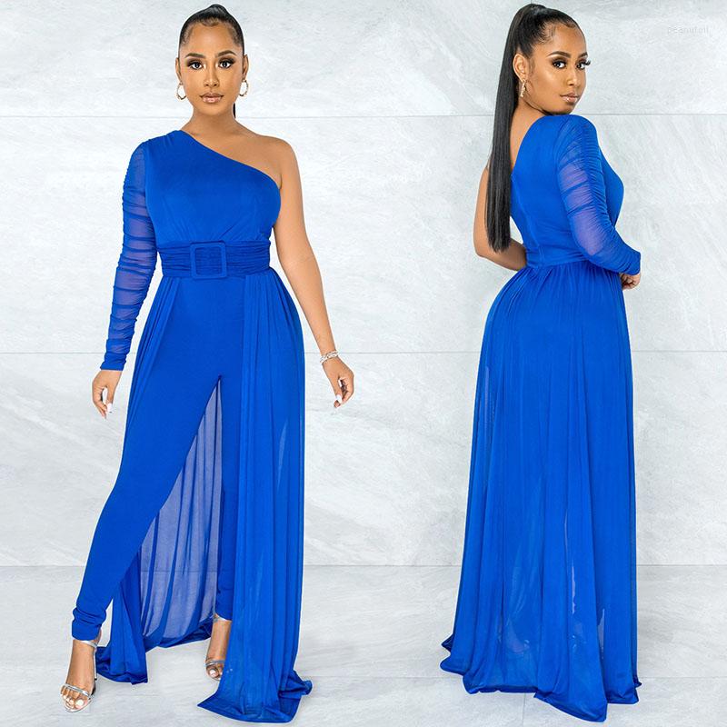 

Ethnic Clothing Sexy One Shoulder High Waist Jumpsuit For Women Summer Mesh Patchwork Drape Dress Party Female Long Fashion Single Sleeve