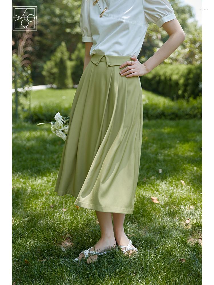 

Skirts ZIQIAO Casual Slim Women High Waist A-line Design Sense Solid Color Commute Thin Summer 2023 Female Umbrella Skirt, Green