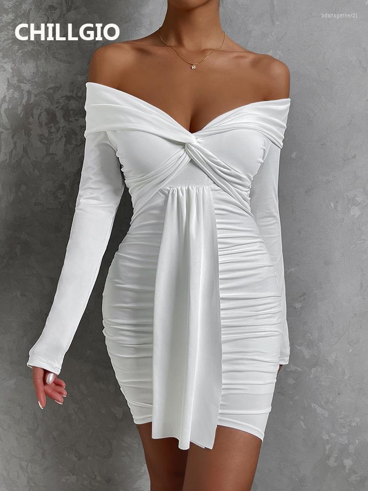 

Casual Dresses CHILLGIO Spring Women Sexy Off Shoulder Sheath Dress Fashion Long Sleeve Elegant Mini Vestido Solid Bodycon Party Ruched, White