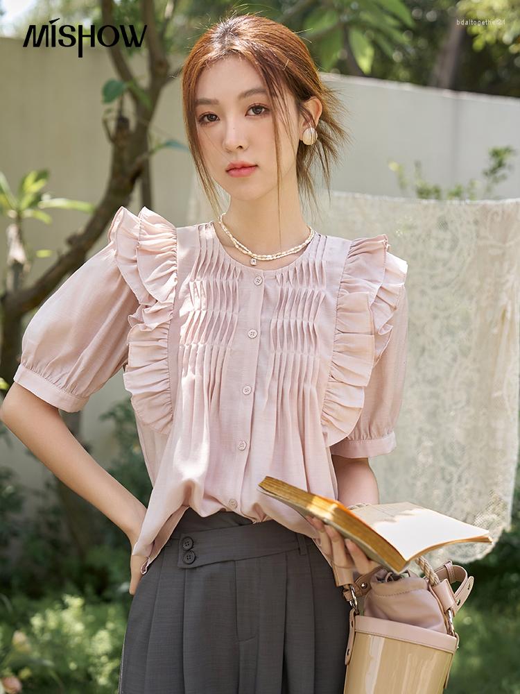 

Women's Blouses MISHOW Women's French 2023 Summer Korean Elegant RUFFLES Puff Sleeve Single Breasted Pink Female Loose Tops MXC33X0033