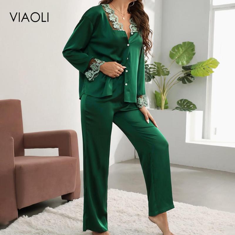 

Women's Sleepwear Satin Slim Women's Pajamas Set Fashion Design Lace Solid Color Silk Like Home Clothes Nightwear Suit Woman, Black