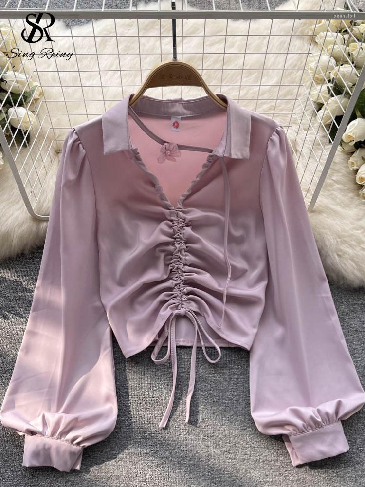 

Women's Blouses SINGREINY Korean Style Satin Short Blouse Drawstring V Neck Long Lantern Sleeves Solid 2023 Fashion Women Sexy Casual Top, White