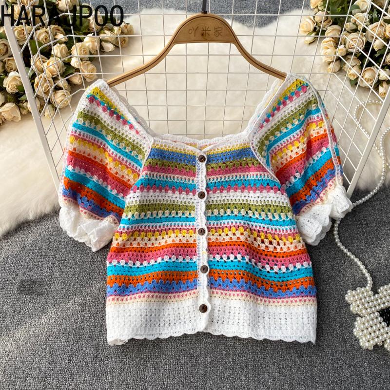 

Women's Knits Harajpoo 2023 Summer Women Cardigan Temperament French Sweet Spicy Rainbow Square Neck Single Breasted Hollow Knitted Short, Brown