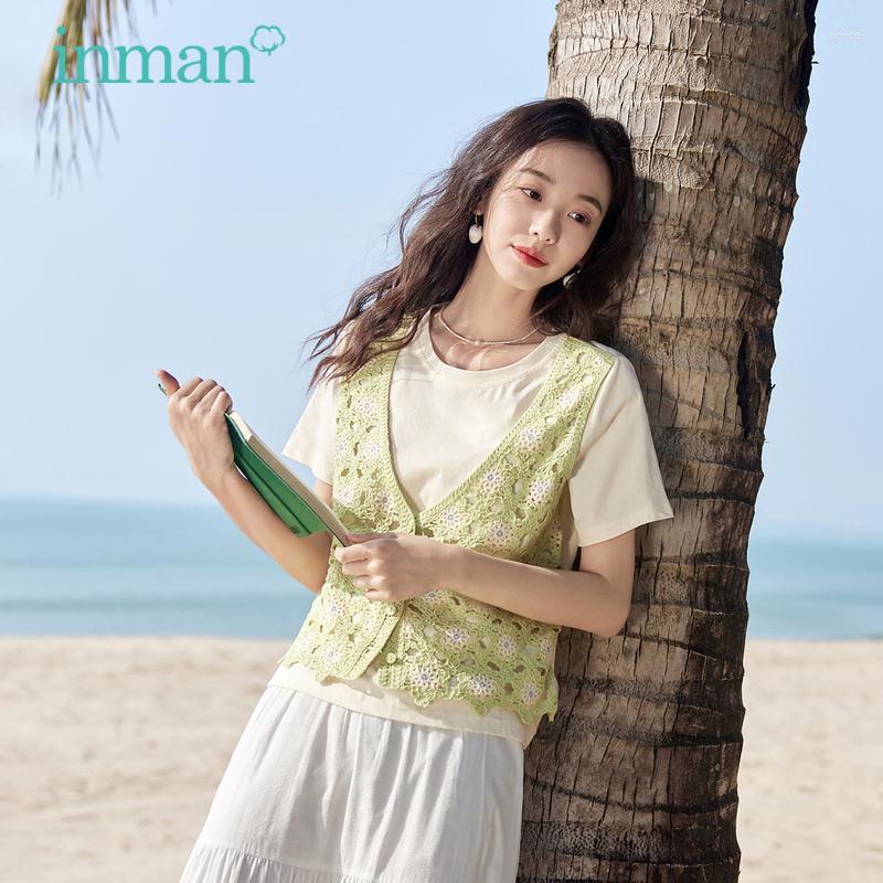 

Women' Knits INMAN Women Fake Two Piece Knitwear 2023 Summer Short Sleeve O Neck Loose T-shirt Hollowed Out Flower Fashion Retro Green Tops, Grass green