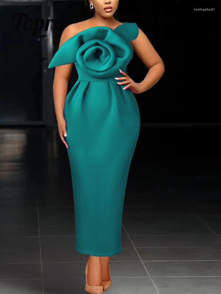 

Casual Dresses Sexy One Strap Big Flower Women Dress Fashion Solid Sleeveless Pleated Slim Bodycon Midi Elegant Party Club African Gown, Green