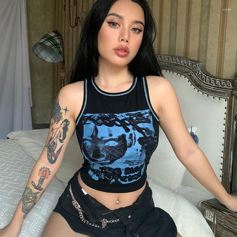 

Women' Tanks Summer Y2k Abstract Printing And Dyeing Anti-car Line Girl Gothic Vest Super Sexy Fried Street Female Clothing Tops, Black