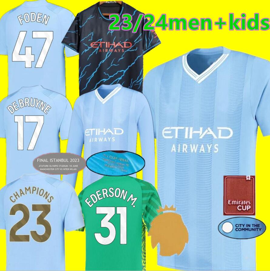 

22 23 24 HAALAND SOCCER JERSEYS final GREALISH MANS CITIES MAHREZ player version DE BRUYNE FODEN 2023 2024 football shirt kids kit FA champions CUP ManCHestERs, Adule home
