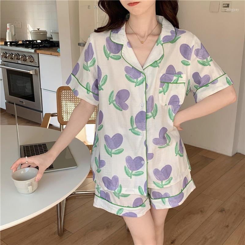 

Women's Sleepwear Women Pajamas For Girls Summer Suit Tulips Print Pijama Pyjamas Set Woman 2 Pieces Short Sleeve Loungewear, Blue