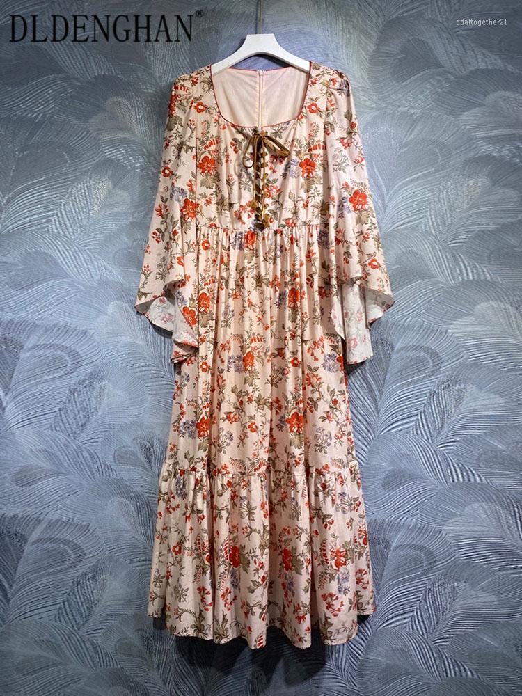 

Casual Dresses DLDENGHAN Spring Summer Dress Women Square Collar Flare Sleeve Flowers Print Vintage Long Fashion Runway, Multi