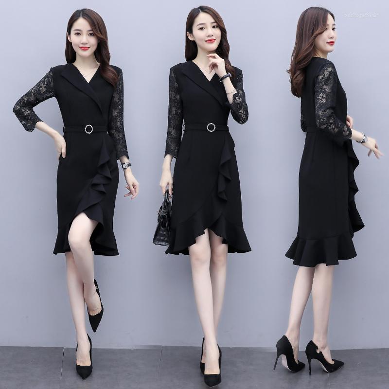

Casual Dresses Women Dress 2023 Spring Autumn Lace Long Sleeve Patchwork Mermaid Party, Black
