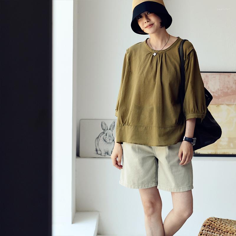 

Women's Blouses MICOCO C1526C Temperament Back Slit Thin Breathable Loose Five-point Sleeve Crewneck Shirt Women, Bean green