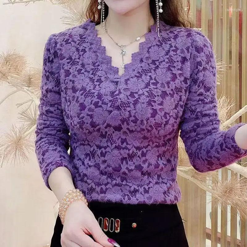 

Women's T Shirts Elegant Sexy Floral Lace Hollow Out T-shirt Autumn Winter Thick Warm Women's Clothing Solid Color Slim V-Neck Korean, Black