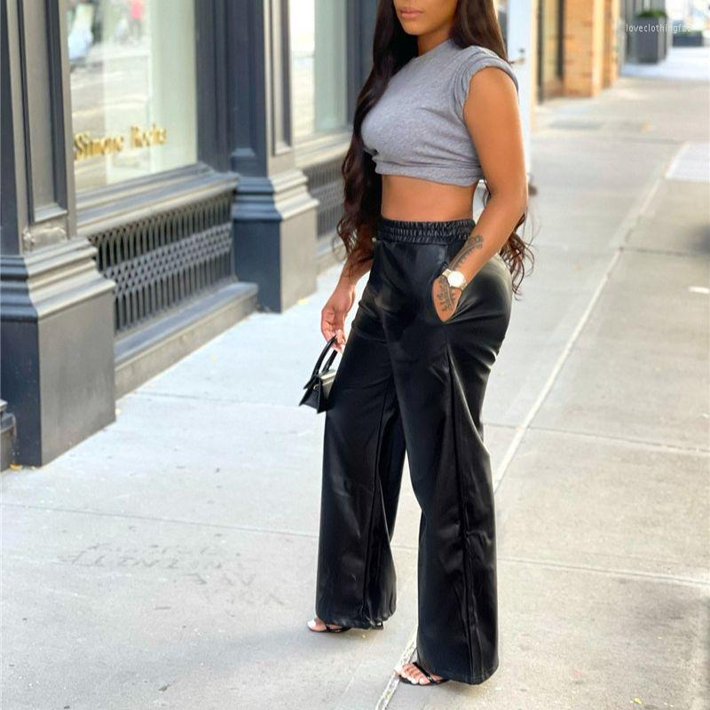 

Women' Pants Vsstiar Fashion Streetwear PU Leather Women Elastic Waist Pockets Straight Trousers Elegant Casual Female Clothes, Black