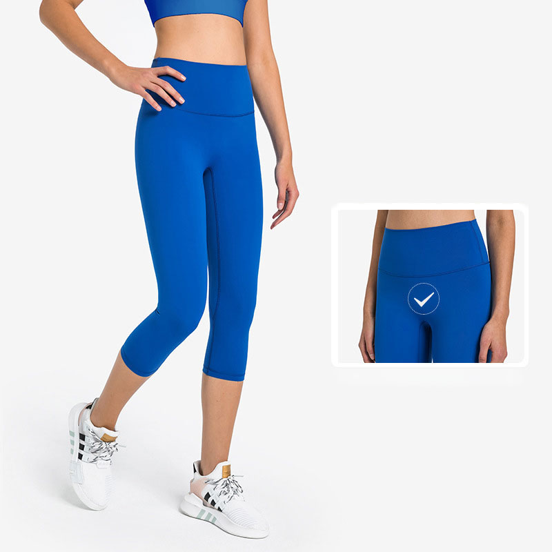 

L-065 High-Rise Cropped Pants No T-Line Yoga Pants Slim Fit Leggings Solid Color Sweatpants Nake Feeling Capris Women Elastic Tight, Blue