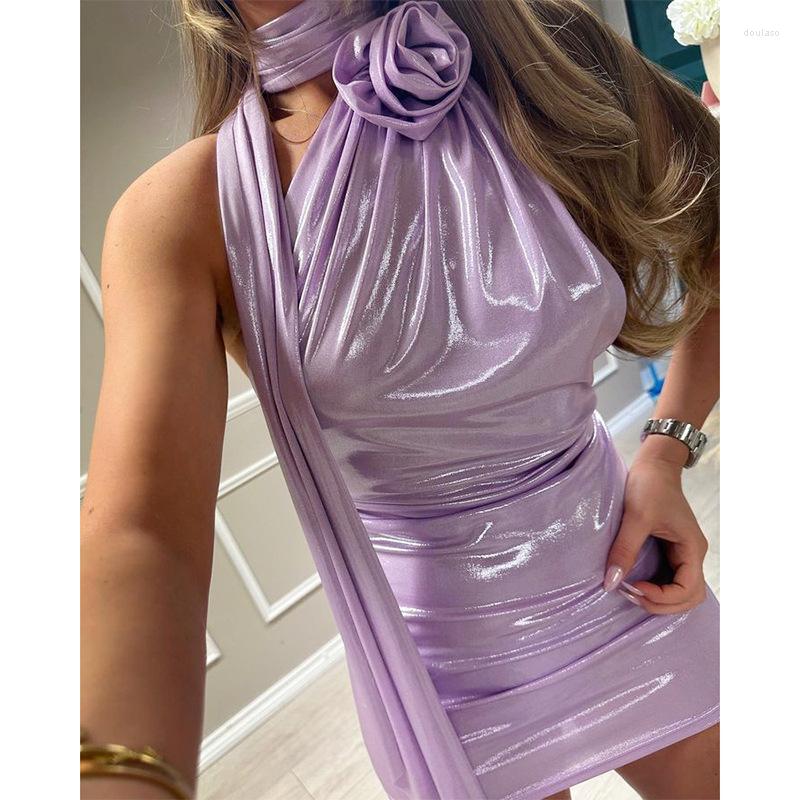 

Casual Dresses Halter Neck Mini Dress Solid Sleeveless Strapless Asymmetrical Bodycon Summer Backless Elegant Party For Women 2023, Purple