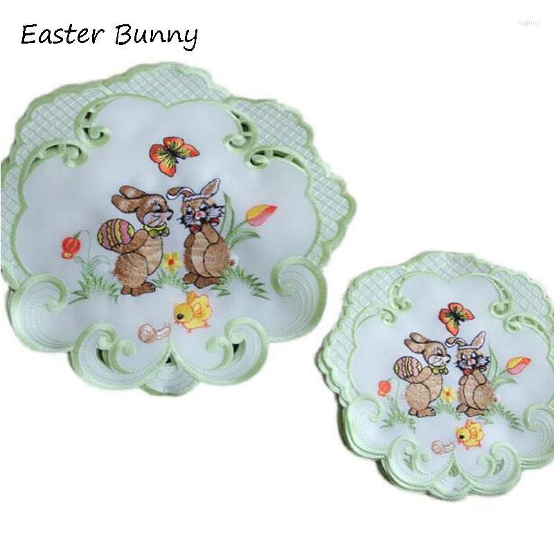 

Table Mats Mini Satin Easter Egg Embroidery Place Mat Cloth Dish Pad Cup Doily Kitchen Coffee Tea Placemats Party Decor