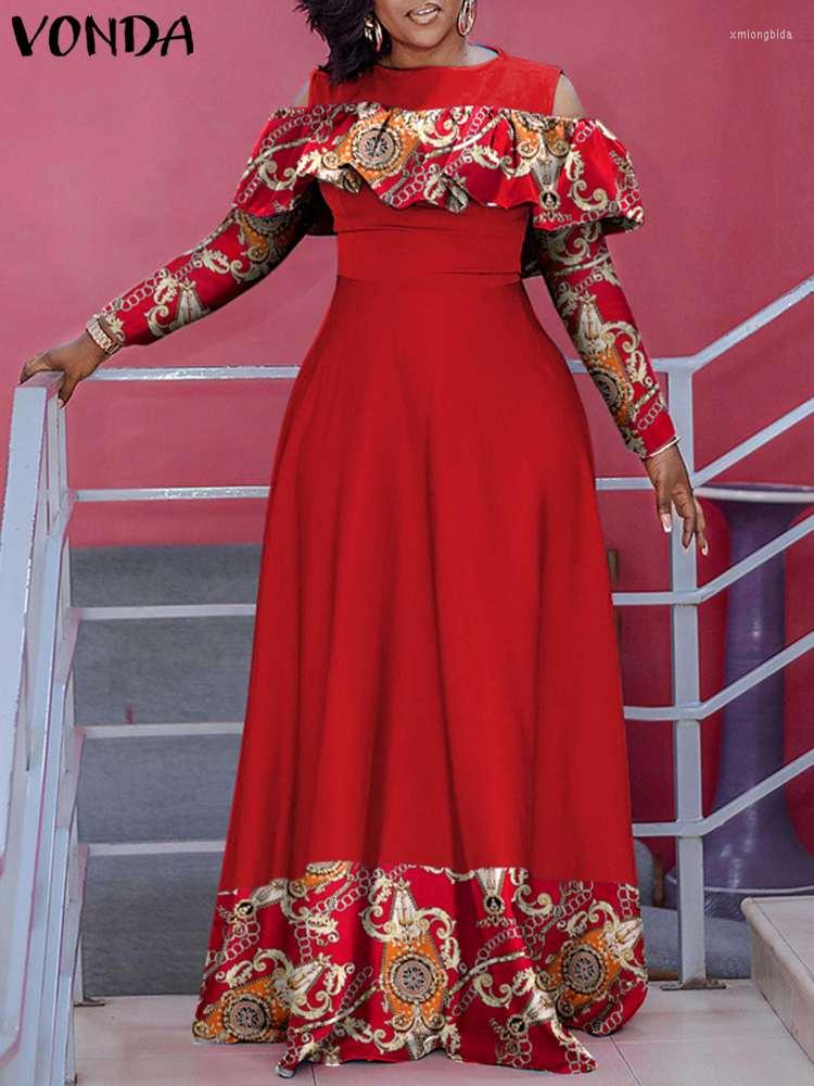 

Casual Dresses 2023 VONDA Bohemian Women Maxi Dress Vintage Ruffle Cold Shoulder Party Vestido Satin Silk Patchwork Long Sleeve Sundress, Black
