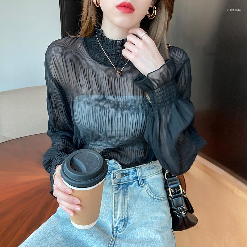 

Women' Blouses Petal Sleeve All Season Lightweight Lace Blouse Women Korean Fashion Casual Slim Kawaii Pleated Design Ladies Tops Drop, Black