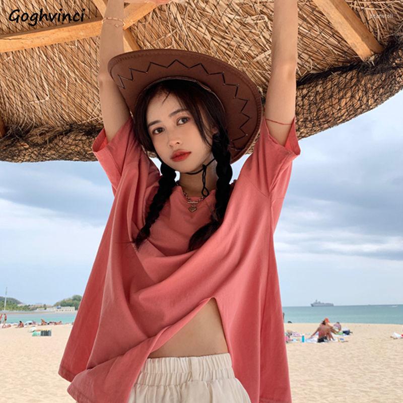 

Women' T Shirts T-shirts Women Summer Solid Slit Trendy Bf Loose Soft Students 5 Colors Streetwear Top Sweet Leisure Aesthetic College, Yellow