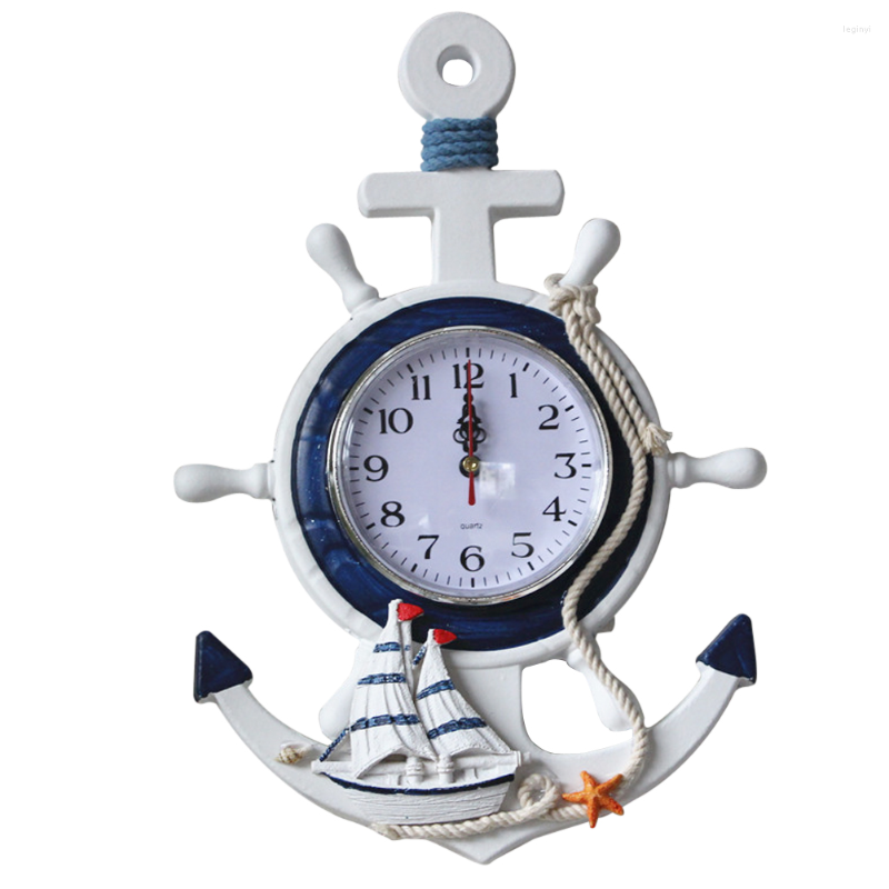 

Wall Clocks Ship Clock Steering Wheel Mediterranean Style Hanging Rudder Anchor Ornament Decor For Home Bedroom