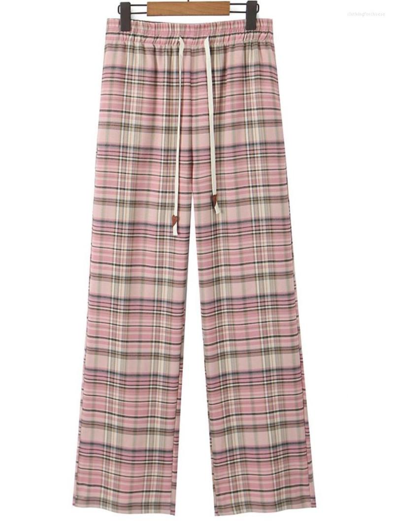

Pants Good Quality Plus Size Women Summer Pink Plaid High Waist Straight Drawstring Full Length Wide Leg Trousers Curve Clothes, Pink trousers