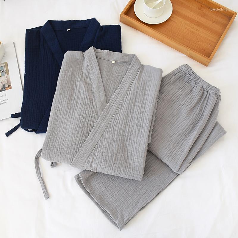 

Women's Sleepwear Japanese Kimono Pajamas V-Neck Long Sleeve Pijamas Women 2 Piece Set Autumn Double Layer Gauze Cotton Sleep Tops, Women green
