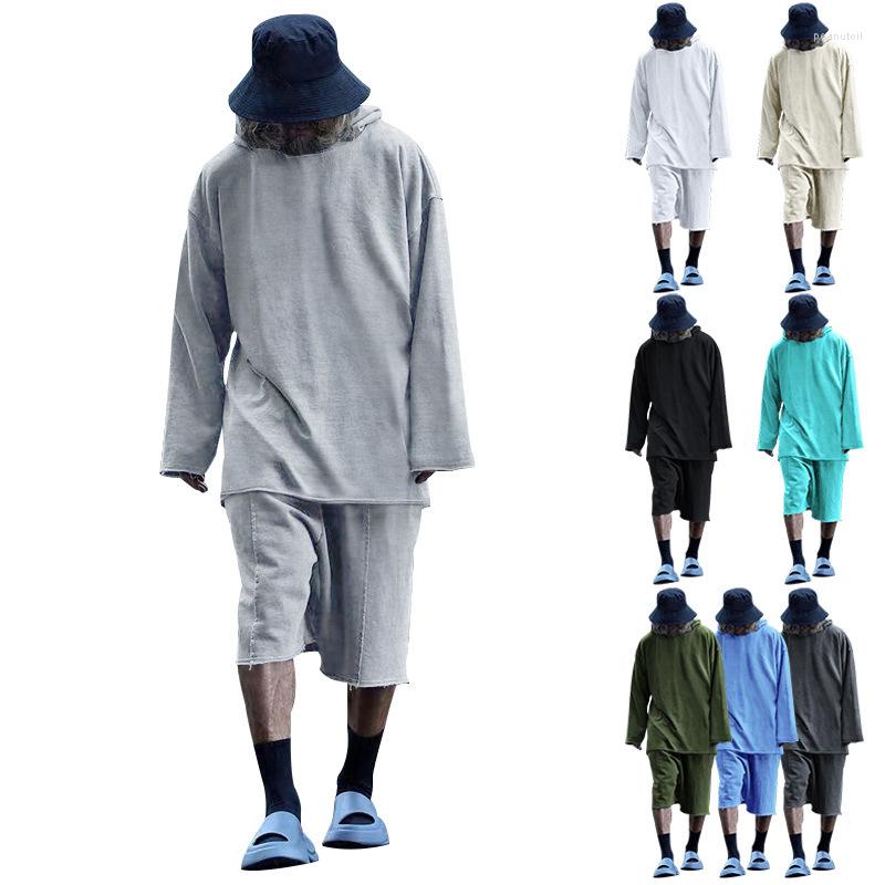 

Men's Tracksuits Men's Oversize Loose Casual Suit Solid Color Summer Hooded Long-sleeved Shorts Two-piece, Black