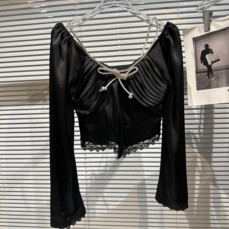 

Women' T Shirts 2023 Spring Summer Light Diamond Lace Round Neck T-shirt Shirt Sexy Girls Short Black Tshirt Womens Long Sleeve