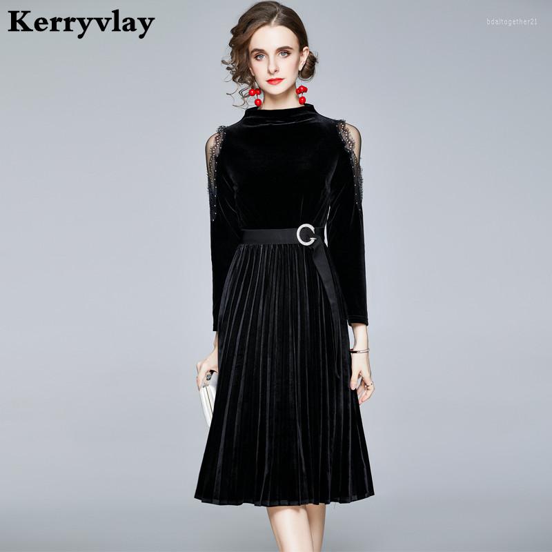 

Casual Dresses Winter Black Mesh Stitch Off Shoulder Velvet Dress Zomerjurk Dames 2023 Retro Long Sleeve High-Waist Midi Party K8633