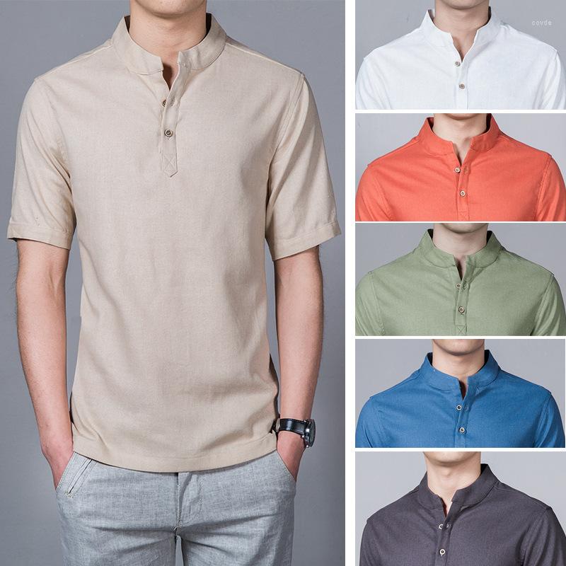 

Men's Casual Shirts Summer Men's Large T-shirts Fashion Standing Neck Short Sleeve Solid Cotton Breathable Shirt Top, White
