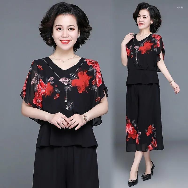 

Women's Tracksuits Mid Aged Mother Summer Suit 2023 50 Year Old Women's Short Sleeve Top Foreign Chiffon Two Piece Set Female Elegant, Yellow