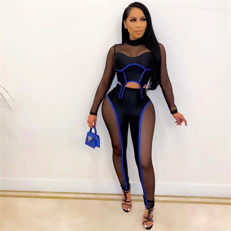 

Women' Two Piece Pants Sexy Sheer Mesh Color Patchwork Women Set Long Sleeve Asymmetrical Crop Top Pencil Fashion Club Suit, Red 2 piece set