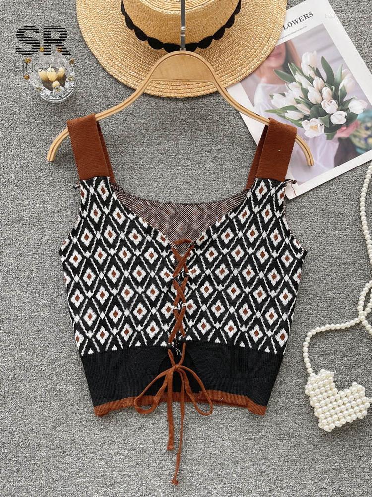 

Women's Tanks SINGREINY Summer Sleeveless Knit Camisole Women Plaid Print Hollow Out Design Lace Up Cross Ladies Casual Y2K Tank Top, Black