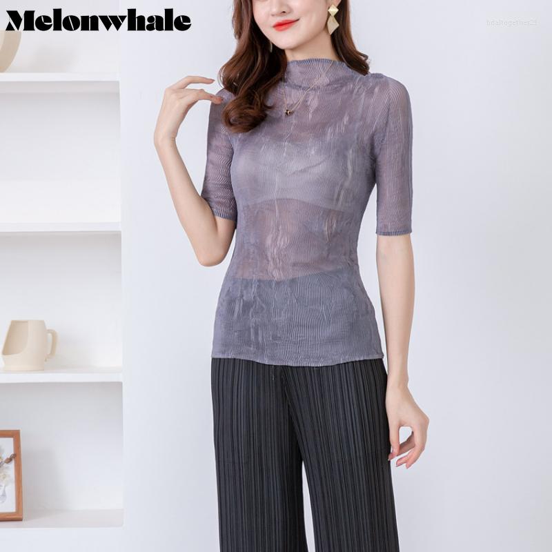 

Women's T Shirts MelonWhale See-through Designer Solid Pleated T-shirt For Women Turtleneck Short Sleeves Thin Female Clothing 2023 Summer, Dark grey