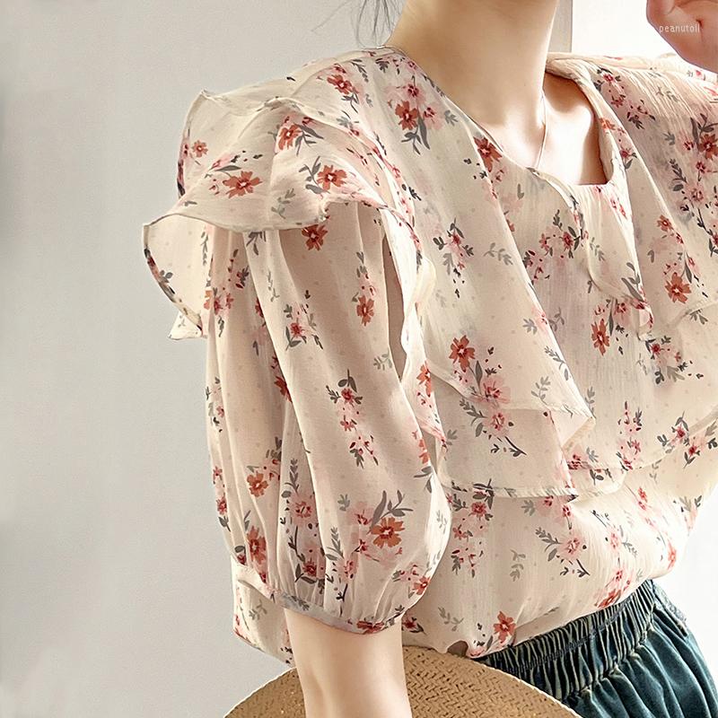 

Women's Blouses 2023 Summer Women's Blouse Shirt Ruffle Collar Floral Loose Round Neck Puff Sleeve Stylish Pullover Korean Style 80781, Beige