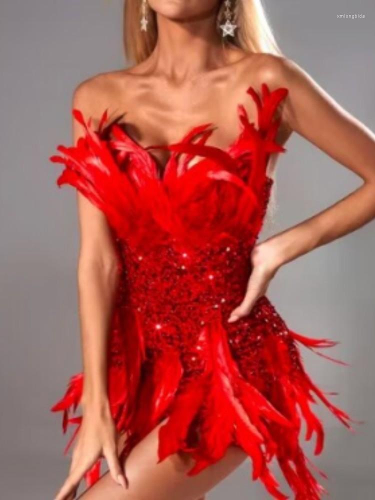 

Casual Dresses Women Summer 2023 Sexy Strapless Red Feather Glitter Mini Bodycon Custome Dress Elegant Evening Singer Party Club