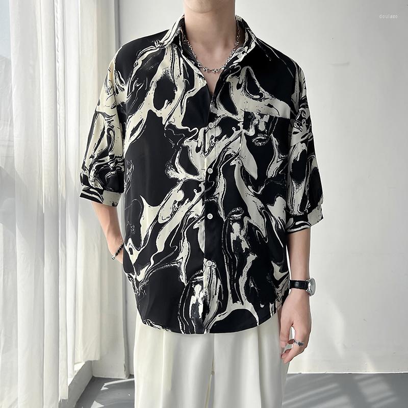 

Men's Casual Shirts Summer Short Sleeve Shirt Men Fashion Retro Tie Dyed Korean Loose Ice Silk Mens Oversized Hawaiian -XL, Black