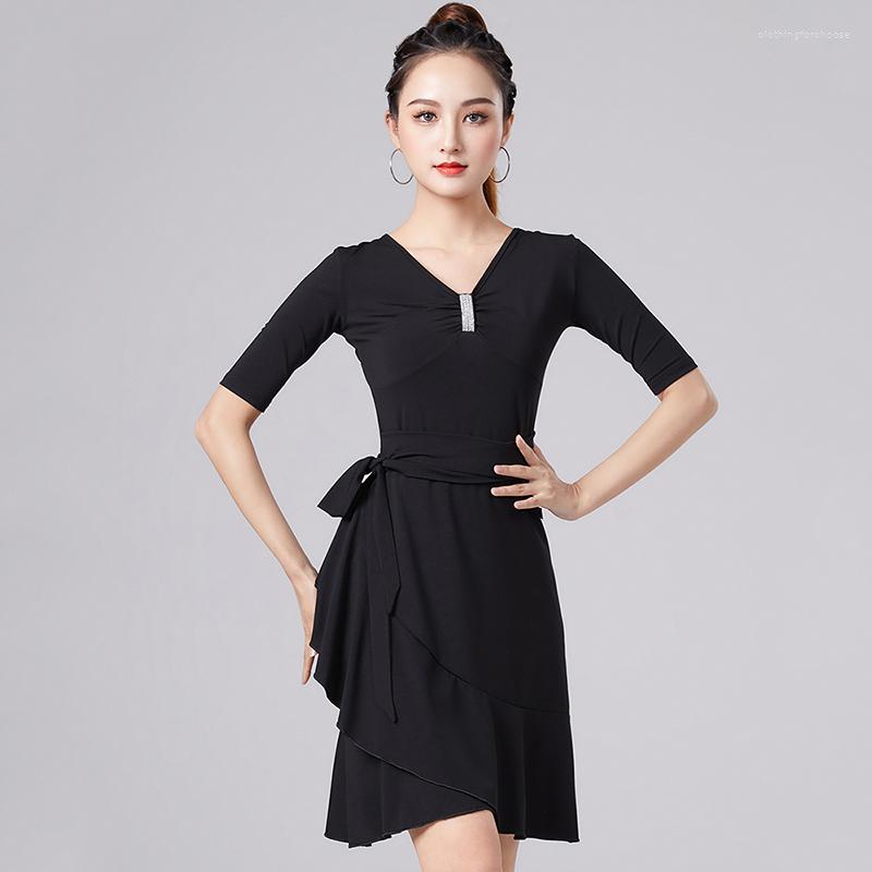 

Stage Wear Latin Dance Dress Sexy Short Sleeves Dancewear Women Practice Clothes Competition Clothing Black Fringe Rumba BL8232