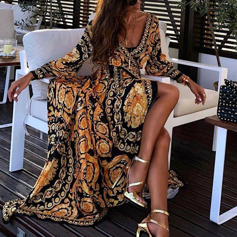 

Womens Boho V-Neck Printed Sundress Long Maxi Dress for Summer Long Sleeve Vintage Dresses Cover-ups Home Robe Give Gifts