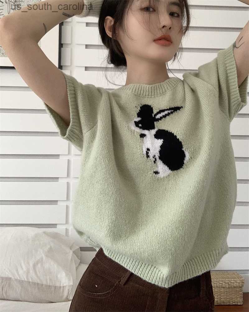 

Rabbit Summer Knitted T-Shirts Women O-Neck Short Sleeve Casual Sweater Shirts Designer Korean Pullovers Elegant Loose Sweet L230522, Green